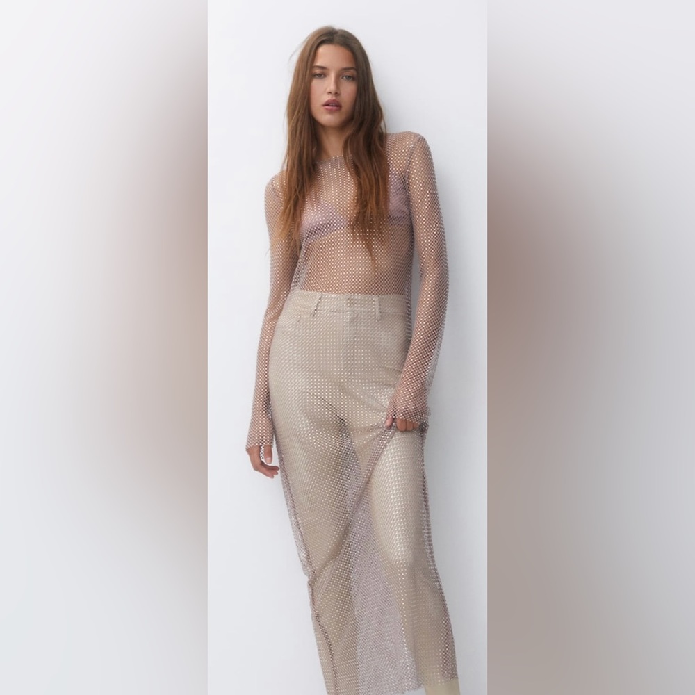 NWT Pull&Bear Nude Long Sleeve Shimmer Mesh Dress